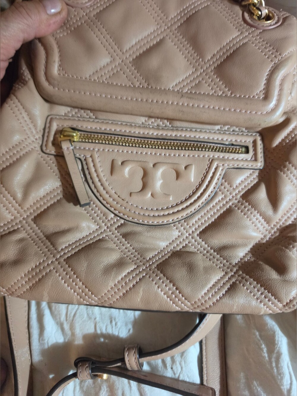 Quilted Leather Shoulder Bag in Nude with Signature Logo Detail